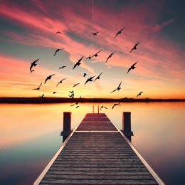 Steg ins Meer, Sonnenuntergang